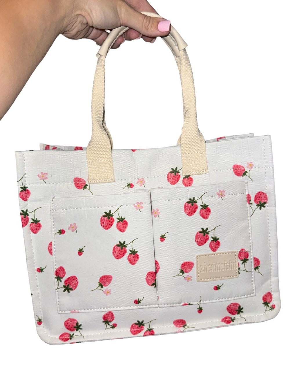 White Strawberry Print Tote Bag